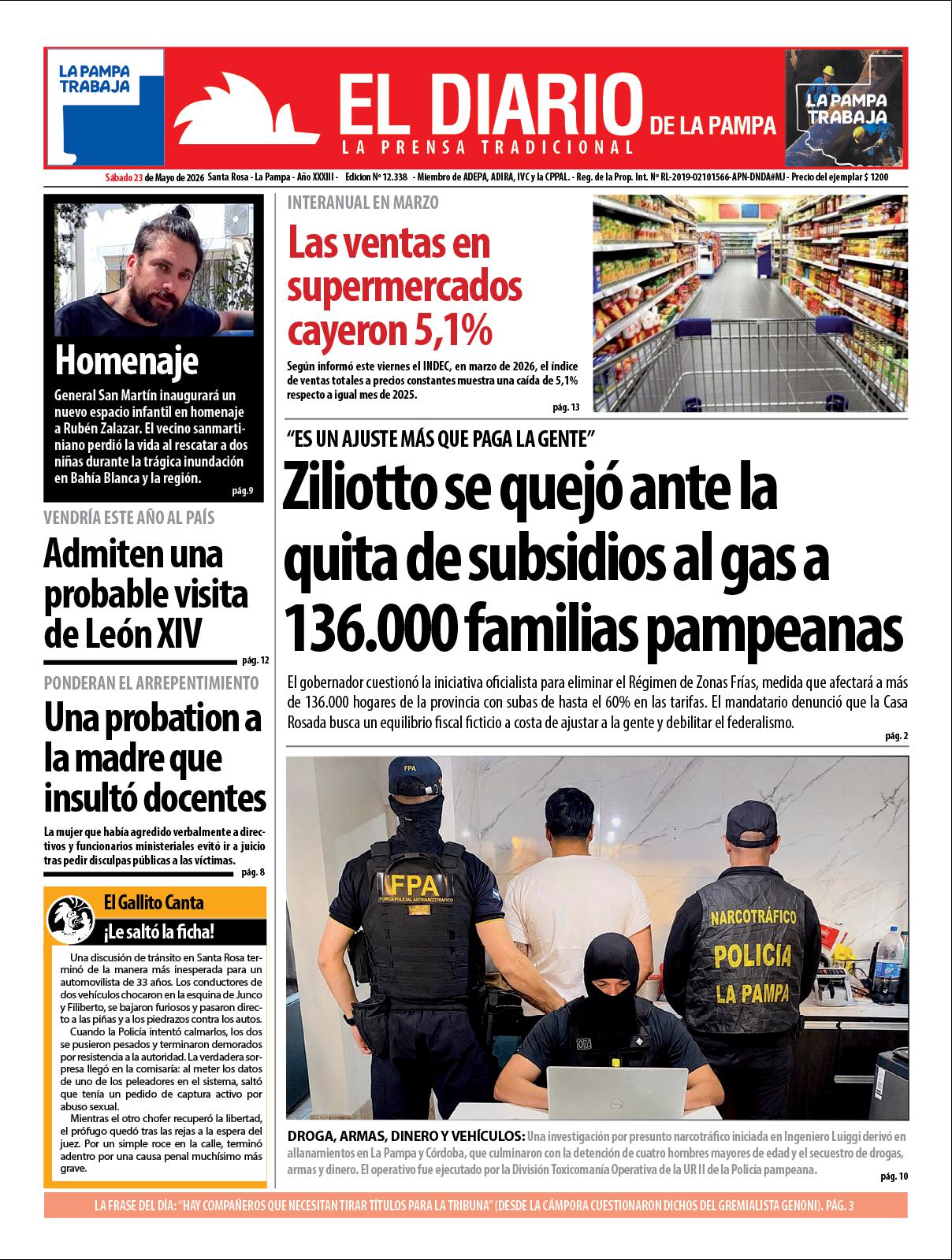 Tapa de El Diario en papel  saacutebado 23 de mayo de 2026